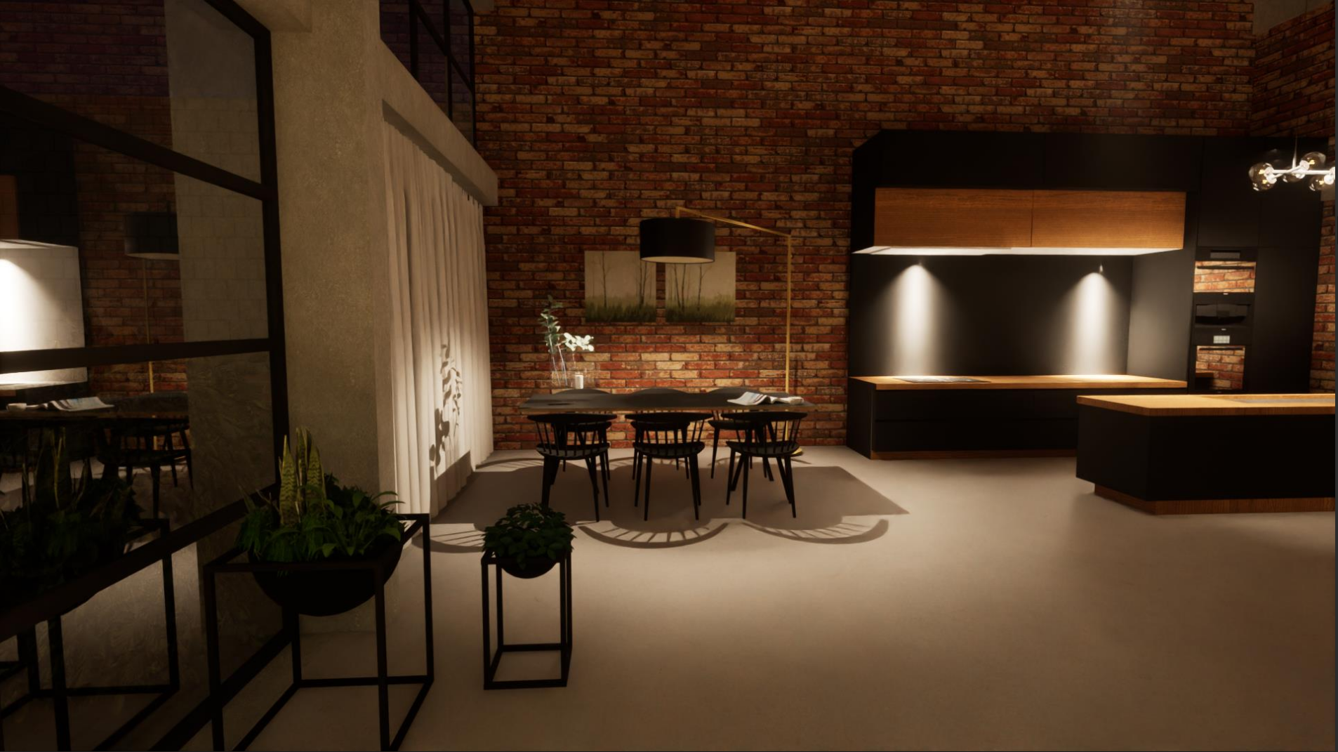 Rendu 3d - Cuisine ouverte + salle à manger (de nuit)