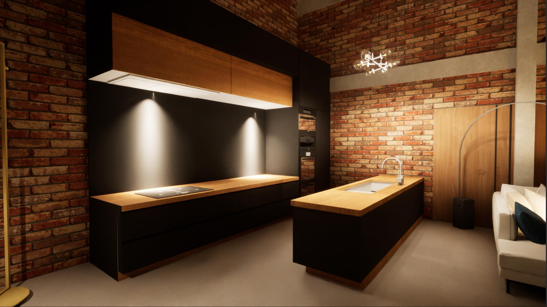 Rendu 3d - Cuisine ouverte (de nuit)