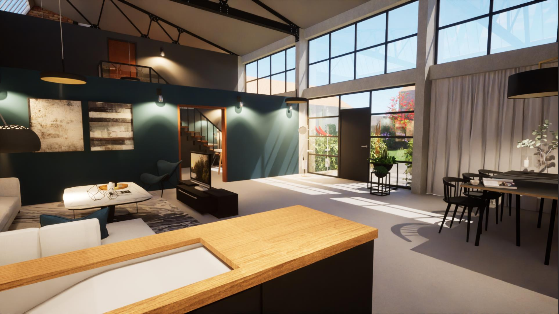 Rendu 3d - Salon depuis la cuisine