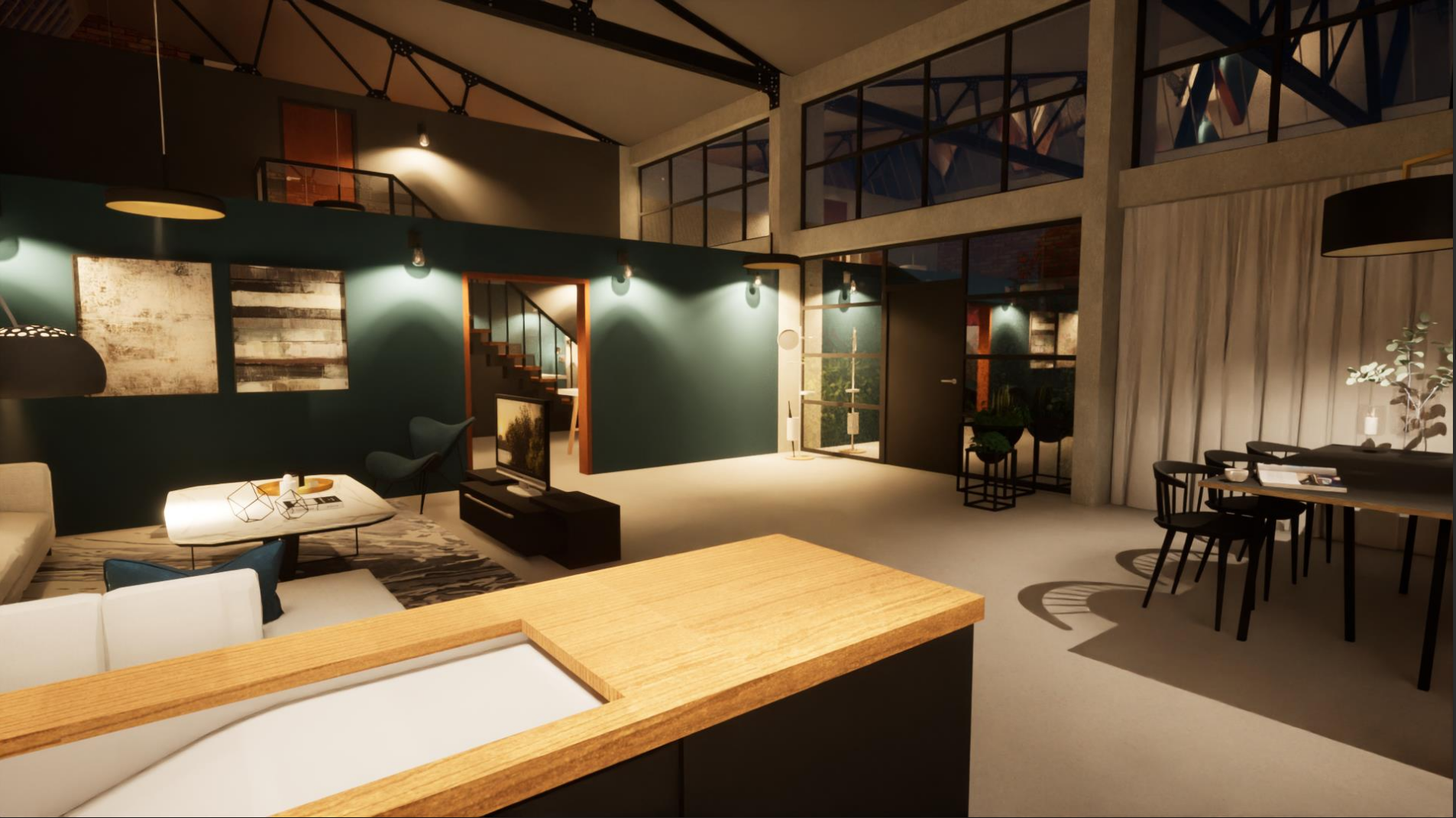 Rendu 3d - Salon depuis la cuisine (de nuit)