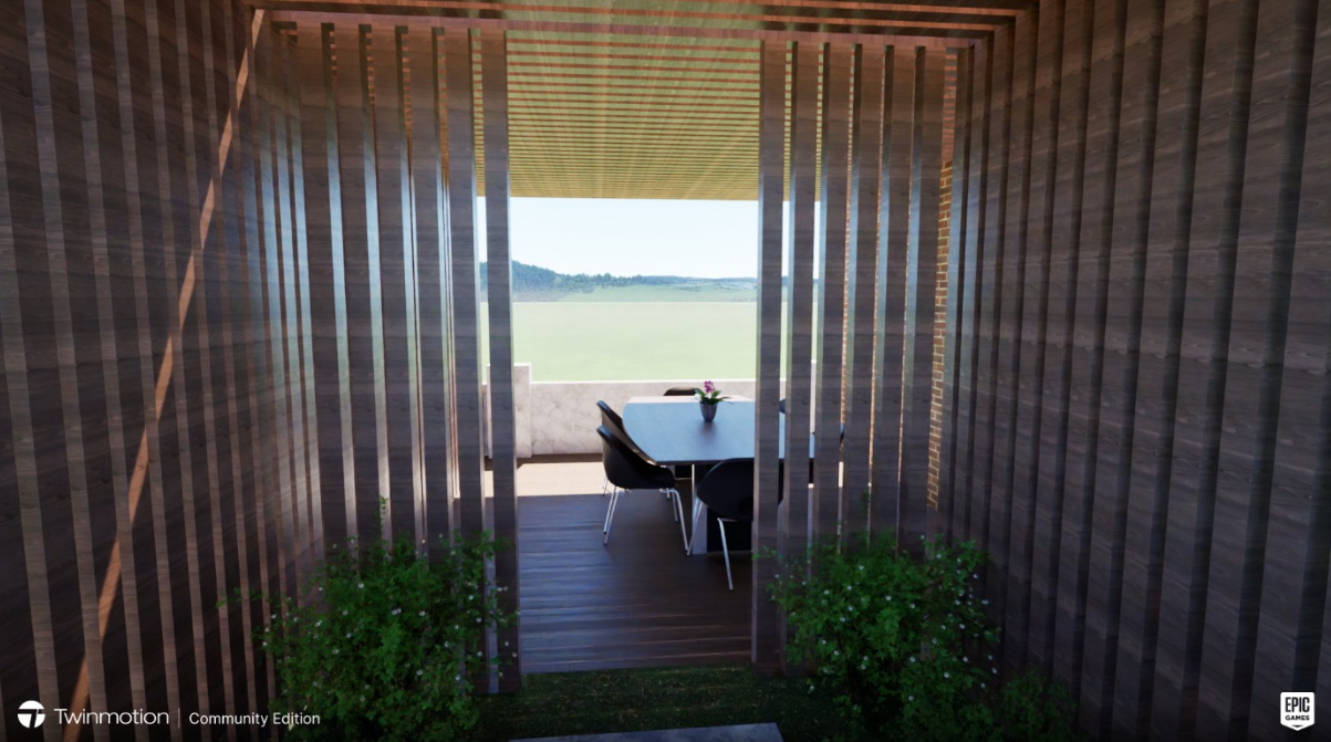 Vue 3D - Vue sur la terrasse depuis l'intérieur